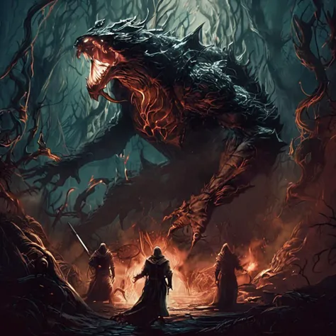 a man standing in front of a giant monster in a forest