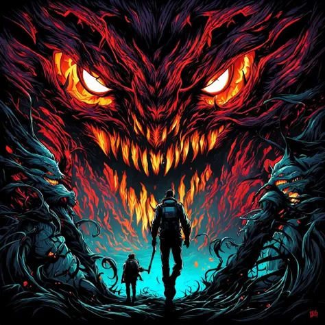 a poster of a man standing in front of a demonic creature