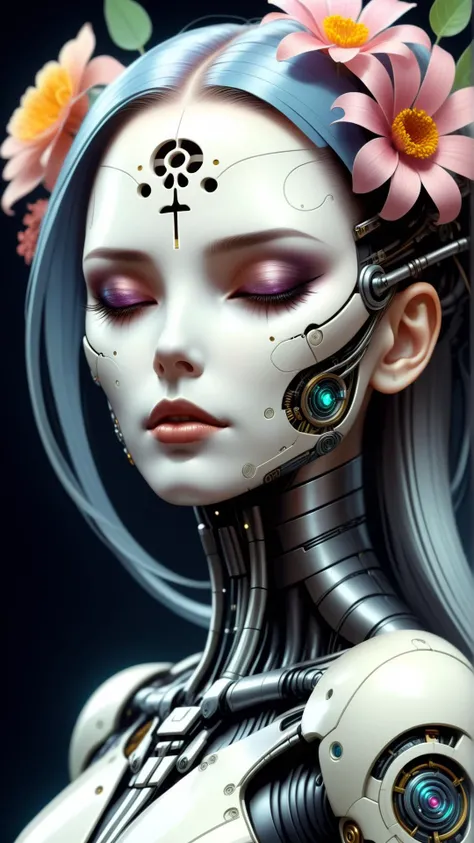 <lora:CyberpunkWorldXL:1>CyberpunkWorld ultra detailed portrait of a female android, eyes closed, 8 k, sci - fi, flowerpunk, fantasy, moody, calm, ( dia de los muertos ), asymmetrical, intricate concept art, art by artgerm and giger and michael welan and a...