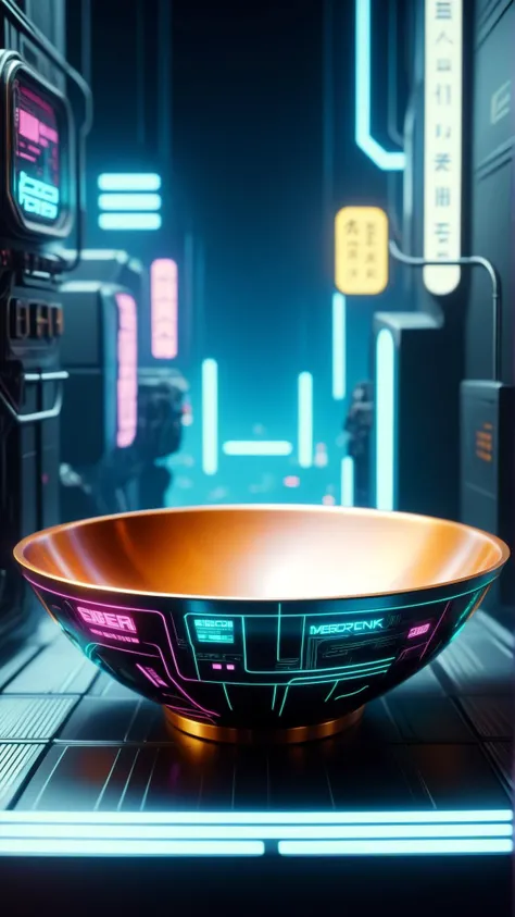 <lora:CyberpunkWorldXL:1>CyberpunkWorld decorative bowl, cyberpunk, sci-fi, tech, 24mm, (analog, cinematic, film grain:1.3), Bokeh DOF, (Masterpiece:1.3) (best quality:1.2) (high quality:1.1)