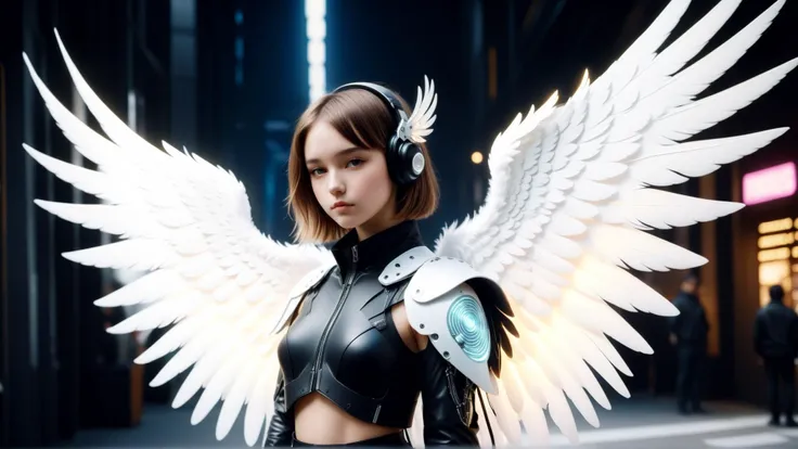 <lora:CyberpunkWorldXL:1>CyberpunkWorld teen girl wearing a pair of oversized feathered angel wings, cyberpunk, sci-fi, tech, 24mm, (analog, cinematic, film grain:1.3), Bokeh DOF, (Masterpiece:1.3) (best quality:1.2) (high quality:1.1)