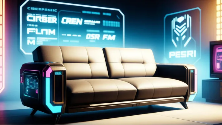 <lora:CyberpunkWorldXL:1>CyberpunkWorld sofa, cyberpunk, sci-fi, tech, 24mm, (analog, cinematic, film grain:1.3), Bokeh DOF, (Masterpiece:1.3) (best quality:1.2) (high quality:1.1)