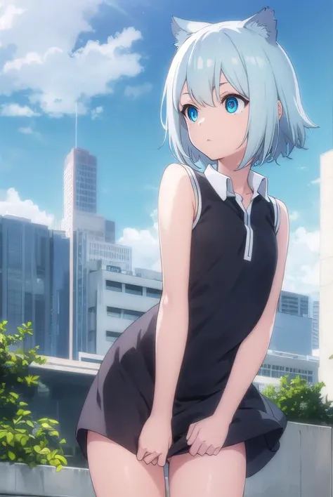 aonanami, <lora:ao nanami hnu-lora-nochekaiser:1>,
ao nanami, short hair, animal ears, cat ears, blue eyes,
BREAK dress, boots, sleeveless, knee boots, (black dress:1.2),
BREAK outdoors, city, sun, clouds,
BREAK looking at viewer, (cowboy shot:1.5),
BREAK ...