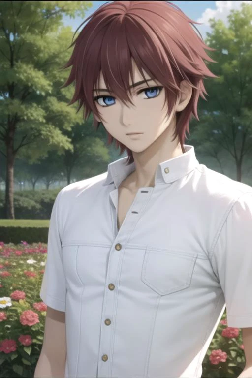 masterpiece, best quality, photorealistic, 1boy, solo, male focus, looking at viewer, upper body, , anime coloring, , <lora:senri_shiki:0.72>, senri_shiki, brown hair, blue eyes, mackintosh, , flower garden, Blu-ray