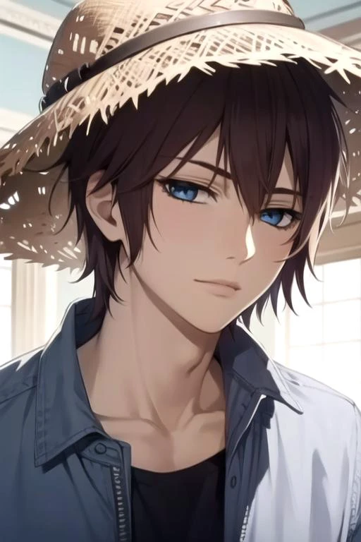 masterpiece, best quality, photorealistic, 1boy, solo, male focus, looking at viewer, , , ligne claire, realistic, <lora:senri_shiki:0.70>, senri_shiki, brown hair, blue eyes, , bucket hat, ,