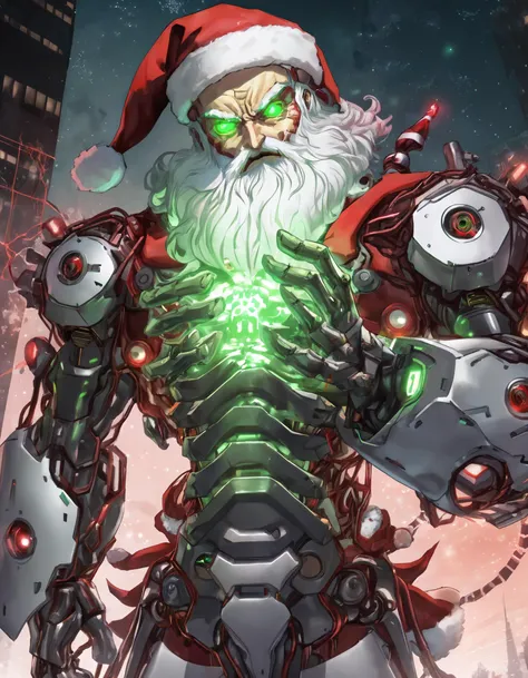 anime, image of Santa claus as a terrifying cyborg overlord, sturdy body frame, glowing green eyes <lora:add_detail:0.5>