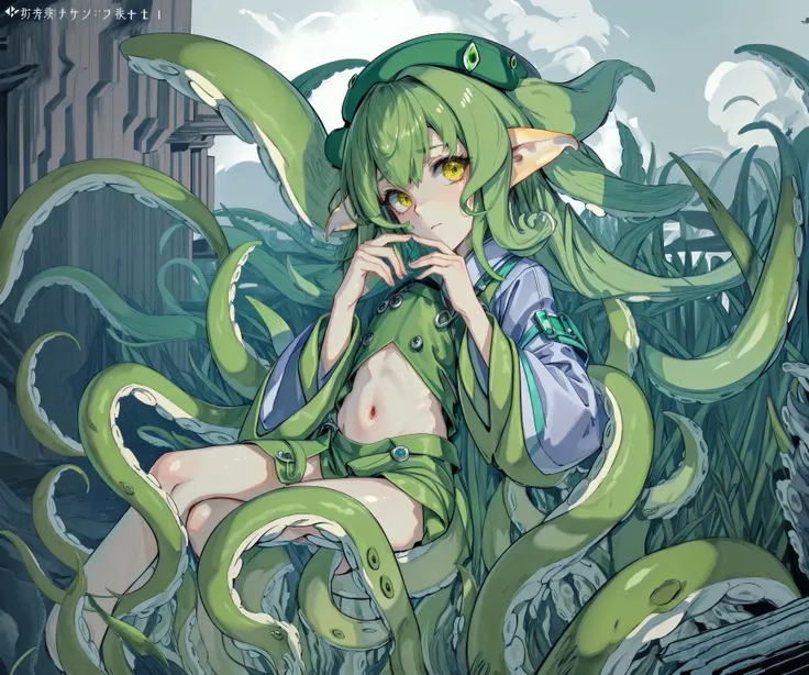 (8k uhd, masterpiece, best quality, high quality, absurdres, ultra-detailed), solo, 1girl <lora:Squidlegs_V1.0:0.8>, squidlegs, tentacles, monster girl, scylla, solo, 1girl,(hair tentacles:1.2), pointy ears, eldritch abomination, menacing, flappy sleeves, ...