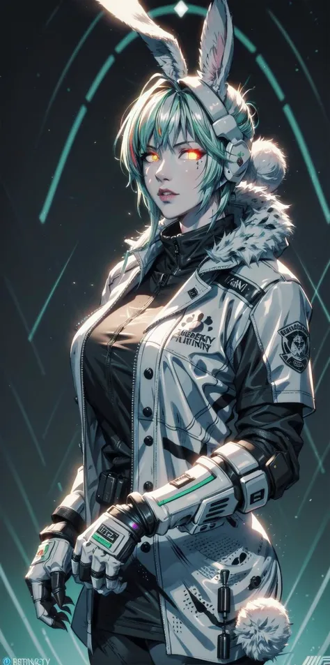 solo, 1girl, (white long fluffy bunny ears:1.5), (green hair:1.5), <lyco:GoodHands-beta2:1.0>, <lyco:image_compositionLoCon:1.0>,black military uniform, jacket, jet black skirt, red tie, oversized mechanical gauntlets, claws on fingers, (red glowing eyes:1...