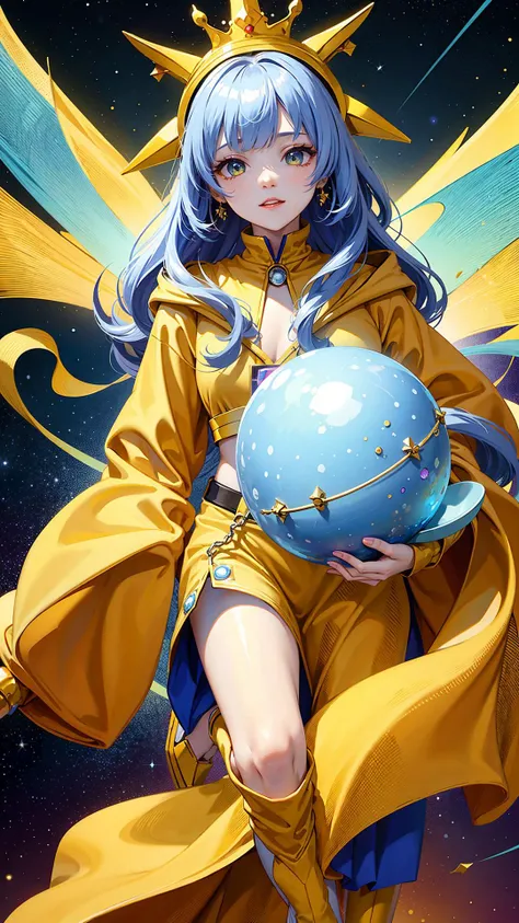 1girl,gradient color hair,spinning universe in the full space,(((Aldebaran in the background))), Wears a yellow hooded robe,(((((king in yellow)))))