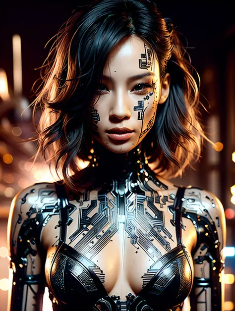 <lora:lucyl1u:1>masterpiece, RAW photo of a woman   lucyl1u, detailed black hair, natural skin, freckles, symmetry, ((covered in motherboard circuit pattern)), highly detailed, focus, glitches, glitches, (digital glitching:1.3), wig,<lora:GlitchFashion:0.6...