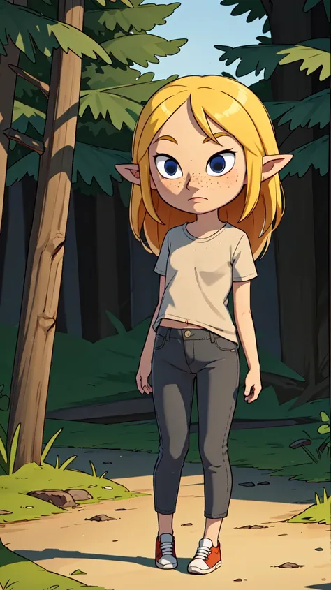 a cartoon girl with blonde hair and blue eyes walking in the woods