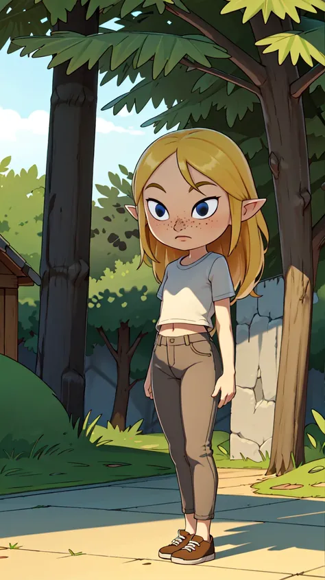 a cartoon girl with blonde hair and blue eyes standing in front of a tree