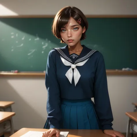 a woman in a school uniform standing in front of a desk