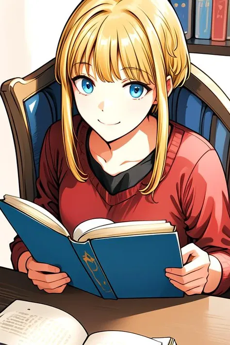 best quality,high resolution,extremely detailed CG,,smile <lora:malta_lora_ver1:0.8> malta, blue eyes, blonde hair, short hair, short hair with long locks, sidelocks, bangs,reading book,sitting