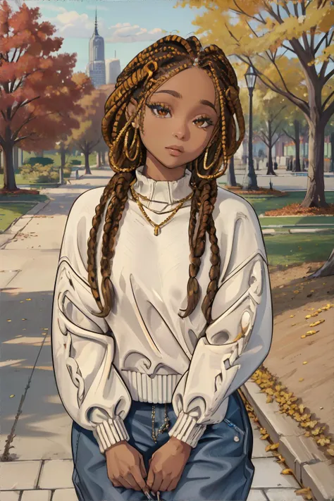 <lora:hairstyles-knotlessbraid:0.5>, knotless_braid_hairstyle, beautiful african american woman wearing sweater, city park in autumn || masterpiece, perfect quality, sharp focus, shallow depth of field, 8k