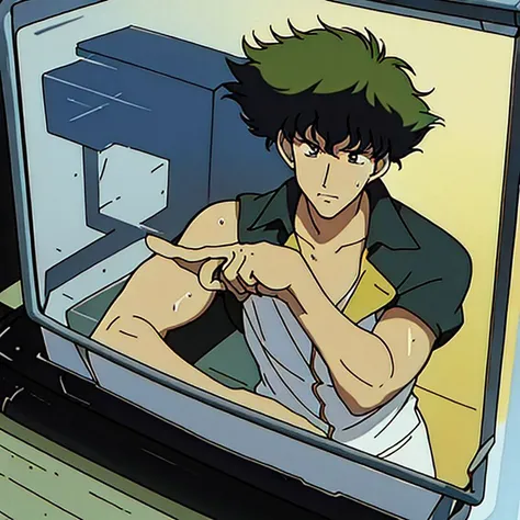 <lora:Cowboy_Bebop:0.7> (spike spiegel:1.1) playing tennis sport in a glass box 1boy sweat male_focus