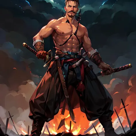 (masterpiece, best quality, absurdres), <lora:Cossak:0.8> 1man, full body, (detailed face, detailed body):1.4, realistic, mature, mustache, blue eyes, Ukrainian, holding swords, (setting: battlefield):1.2, fire, dark sky, cloudy