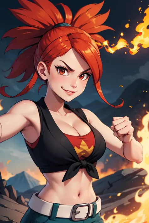 ((masterpiece,best quality)), absurdres
|   orasFlannery, front-tie top, cleavage, midriff, sleeveless, white belt, blue pants, closed mouth, upper body, smile, smug, fist,
|  mountain, fire, magma,
| dynamic pose, cowboy shot,  depth of field, cinematic c...