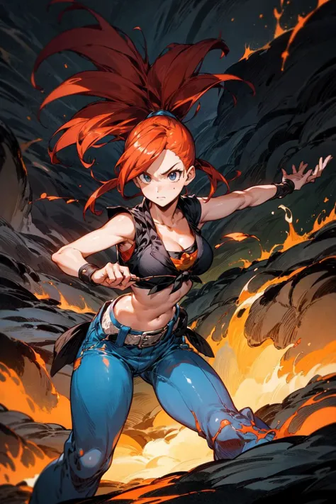 thick outlines, comics, photorealistic, perfect hands, masterpiece:1.2, volcano, hot spring, lava, 1girl, solo, dynamic pose, <lora:flannery-nvwls-v1:0.8>, orasFlannery, sleeveless front-tie top, cleavage, midriff, white belt, blue pants, medium breast, de...