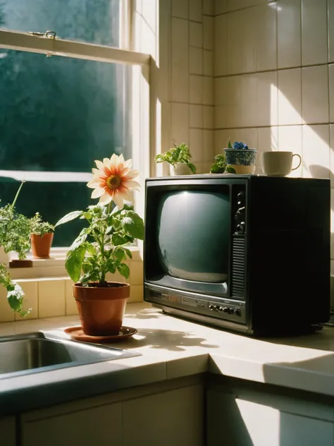 a small television sitting on top of a kitchen counter , flower, indoors, cup, no humans, window, sunlight, plant, scenery, mug, tiles, potted plant, television, kitchen, still life ,scene from a Media Satire    movie , cinematic , Krzysztof KieÅlowski, L...