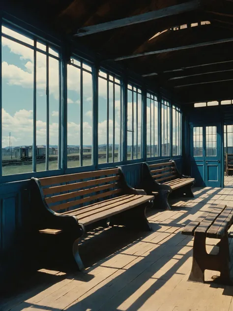 a train car with wooden benches and windows , sky, day, cloud, indoors, blue sky, no humans, window, shadow, sunlight, building, scenery, wooden floor, train station ,scene from a Prison     movie , cinematic , Jacques Tati, Conrad L. Hall , <lora:Movie_ae...