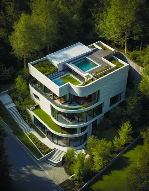 a view of a modern house with a pool and a green roof