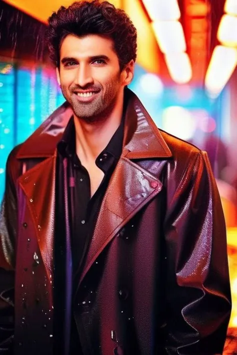 a close up of a man in a leather jacket smiling