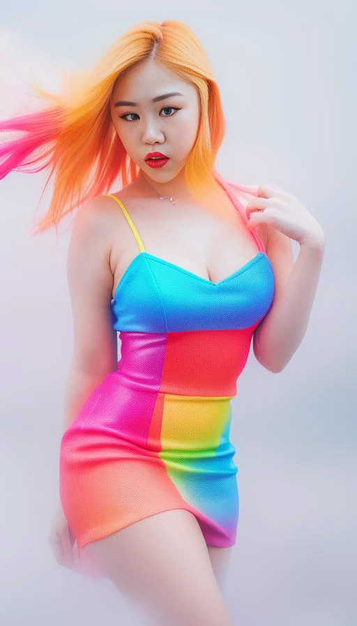 a woman with bright hair and a rainbow dress posing for a picture