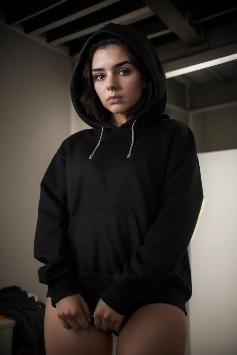 RAW amateur photo of pretty, 24yo woman posing, <lora:BR:.6> 1girl , dark eyebrows , wearing a hoodie, with a hood, looking down at the camera in disgust, disgusted face, expression, high photo from below, quality, film grain  <lora:Disgusted Face_268571:....