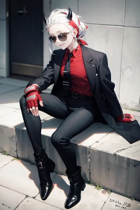 justice(helltaker), black horns, smile, pants, black pants, full body, white hair, suit, demon horns, red shirt, formal, sitting, necktie, horns, sunglasses, fingerless gloves, shirt, boots, black footwear, dated, 1girl, black jacket, solo, demon girl, red...