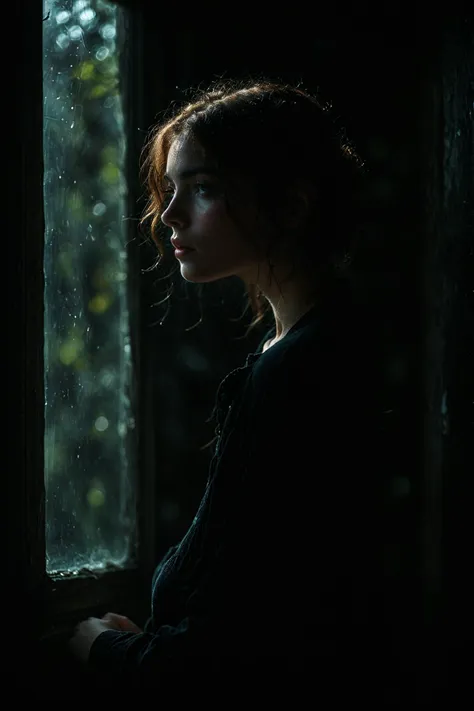 a woman looking out a window at the rain outside