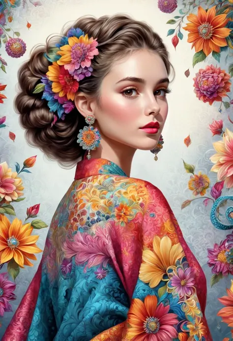 a woman with flowers in her hair and a colorful kimono