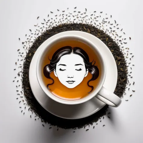 pareidolia of a cute girls face shaped out of from the bottom of the cup and oolong tea leaves, tea leaves, traditional teacup, steam, dregs in a cup of tea, chinese tea service, crumbs, face shaped by spilled wet tea leaves, (pareidolia:2), realistic, pho...