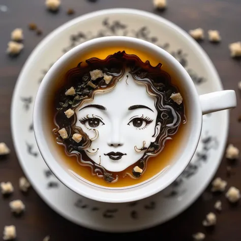 pareidolia of a cute girls face shaped out of from the bottom of the cup and oolong tea leaves, tea leaves, traditional teacup, steam, dregs in a cup of tea, chinese tea service, crumbs, face shaped by spilled wet tea leaves, (pareidolia:2), realistic, pho...