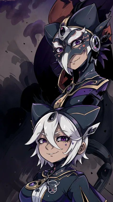 two anime characters with white hair and black and purple outfits