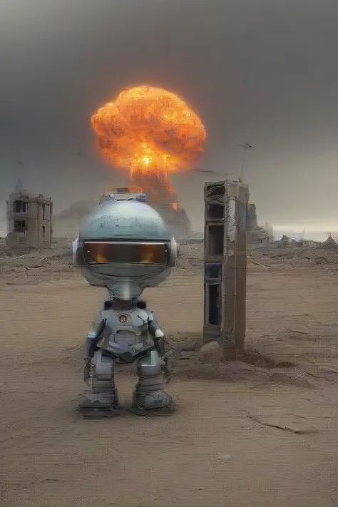 cute sad little robot in a post apocalyptic world,  ruins, destruction, intricate details, ultra quality, (((nuclear explosion i...