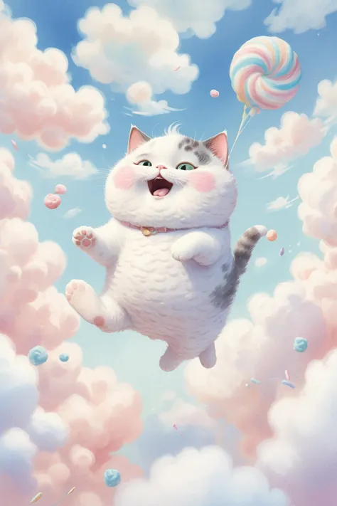 award winning, masterpiece, high detail, ethereal, whimsical illustration, pastel colors, dreamlike setting, a chubby little cat...