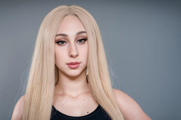 a portrait of DEN_Skylar_Voxe in front of a [plain black background] wearing a black tank top, collarbone, [headshot], [centre frame], looking at the camera, facing the camera,
[gentle smile closed mouth], dynamic lighting, mole above her lip on the right,...