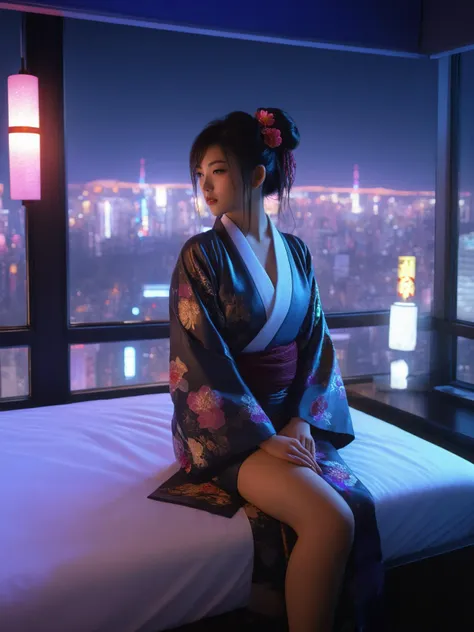 arafed woman in kimono sitting on a bed in a room with a view of a city