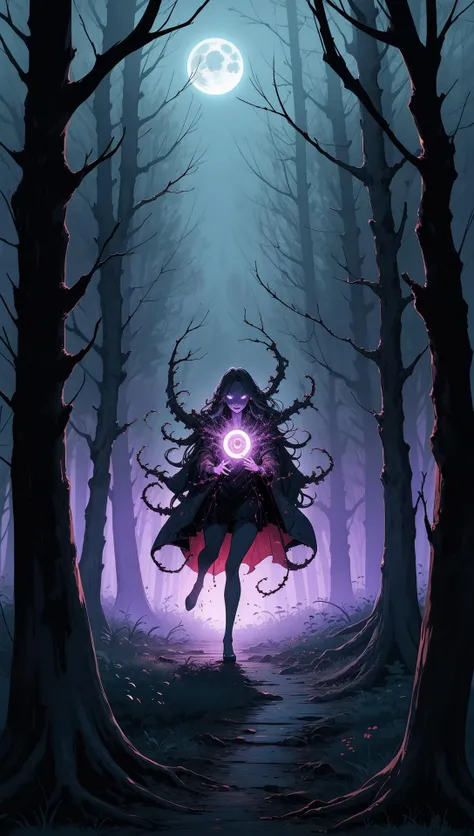 horror (theme),insanevoid,Within the cursed forest, gnarled trees twisted like grotesque contortions of nature. Moonlight, filtered through twisted branches, cast eerie patterns on the forest floor. Shadows danced with sinister glee, concealing lurking abo...