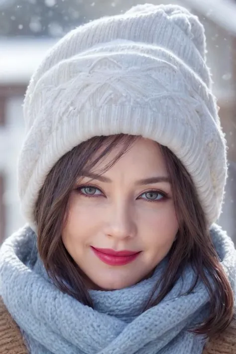 masterpiece,best quality,hyper realistic,photorealistic,intricate details,dappled_sunlight,snowing,portrait,dynamic_angle1girl,light blue eyeshadow,lipstick,grin,detail eyes,delicate face,picture-perfect face,upper teeth,petite woman in snow,jp-Gingerv1-27...