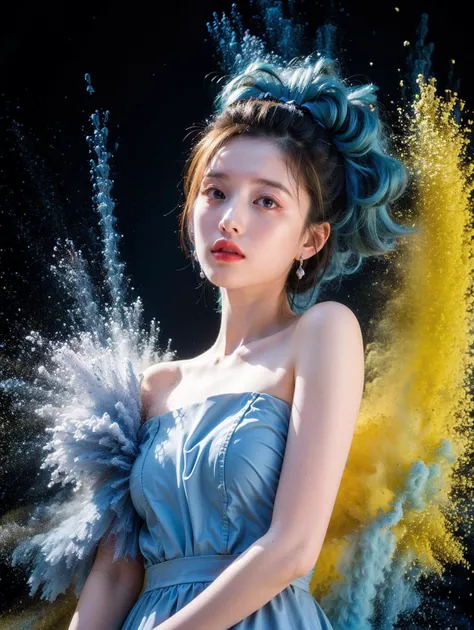 1girl,Colored smoke background,light blue dress,standing,upper body,Explosion smoke,yellow background,<lora:å½©è²çé¾èæ¯_v1.0:1>,looking at the viewer,head_down,