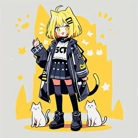 anime character with cat and dog in front of yellow background