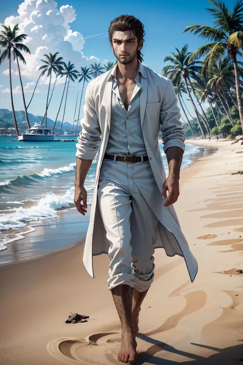 ((masterpiece, best quality))
 <lora:AssaAlexios:0.8>
AssaAlexios, 1boy, solo, On a sandy beach with a sophisticated twist, linen suit with an unbuttoned shirt, ocean waves and palm trees, walking barefoot in the sand