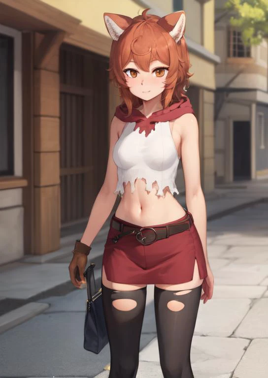 (masterpiece, best quality:1.2), extremely detailed, soft ambient lighting, sharp focus, 4K, BREAK <lora:lili3:1>, 1girl, solo, liliruca arde, sleeveless hoodie, red shorts, belt, torn thighhighs, animal ears, tail, thinking, BREAK outdoors, medieval city,...