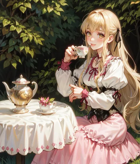 anime girl sitting at a table with a tea pot and tea cup