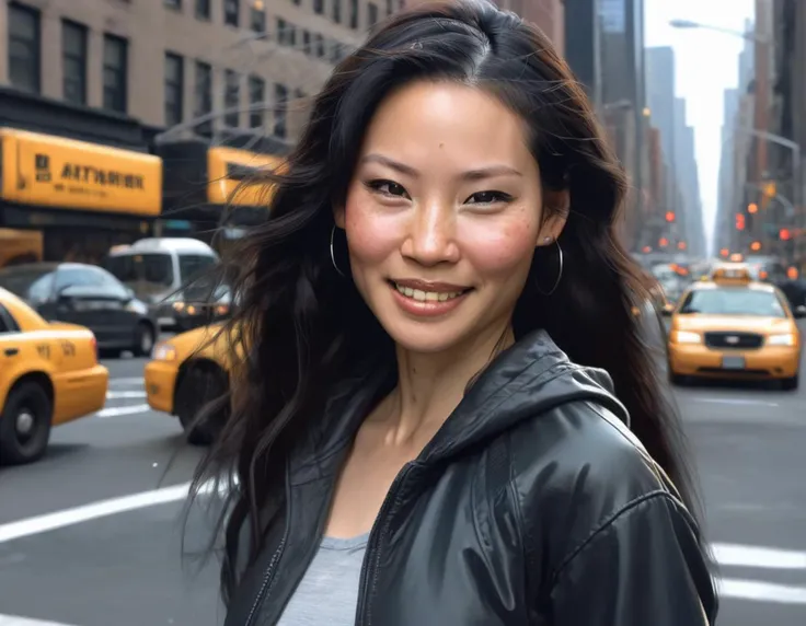 <lora:lucyliu_xl_lora_32:1> lucyliu a beautiful woman, smiling at the camera, wearing street wear, outside, newyork city, traffic, cabs, intricate, highly detailed, digital painting, artstation, concept art, smooth, sharp focus, illustration, unreal engine...