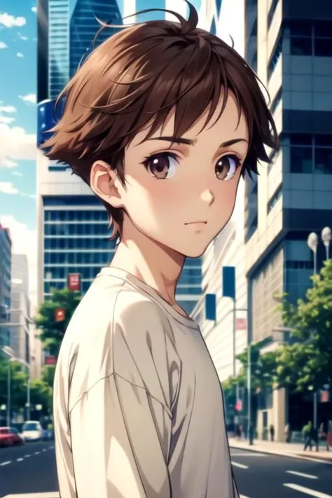 masterpiece, best quality, , 1boy, solo, male focus, looking at viewer, , depth of field, <lora:arato_endou:0.72>, arato_endou, brown hair, brown eyes, jumper, , The City of Glas, Blu-ray