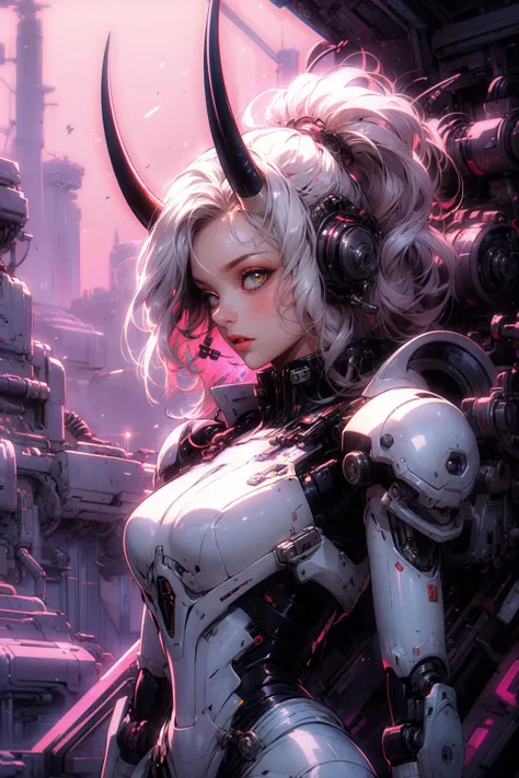 anime girl with horns and a futuristic body in a futuristic city