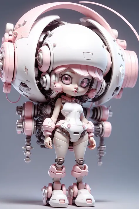 Best quality,masterpiece,ultra high res,(photorealistic:1.4),masterpiece,(bestquality),hyper-detailed,ultra-detailed,(1 girl:1.2),white bodysuit,(soft smile),(pink hair:1.4),mecha girl is jumping,headphones,glass helmet,bare shoulders,(cybernetic),(mecha s...